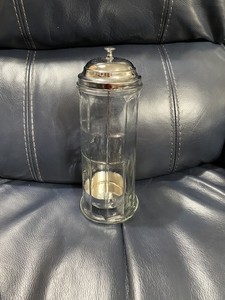 Vintage Gemco Glass Barber Comb Straw Holder Container Jar Chrome Metal Lid 11"