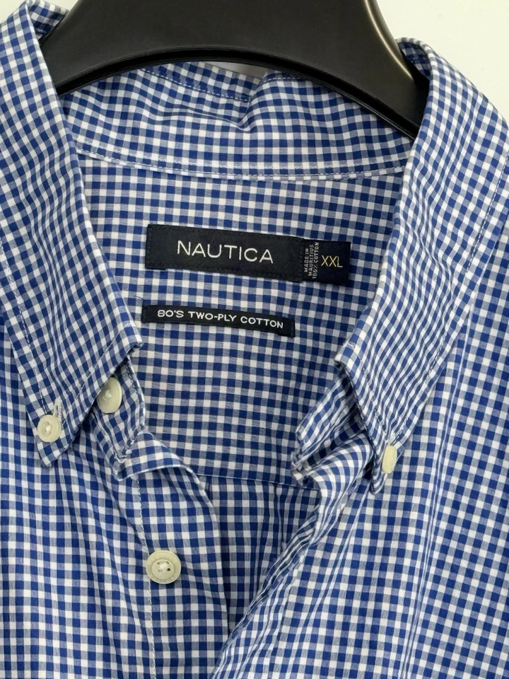 Camisa masculina Nautica XXL manga longa com botões azul xadrez Gingham duas camadas algodão - Imagem 3 de 4