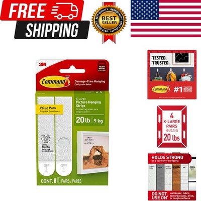 Command 20 lb XL Heavyweight Picture Hanging Strips 8 Pairs (16 Strips), Dama...