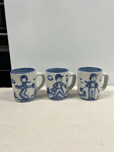 MA Hadley Pottery Skier Skiing Ceramic Mugs Set Of 3