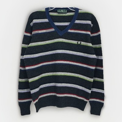 Fred Perry Wool Sweater Men's L- V-Neck Jumper Multicolor Stripe Pullover Italy