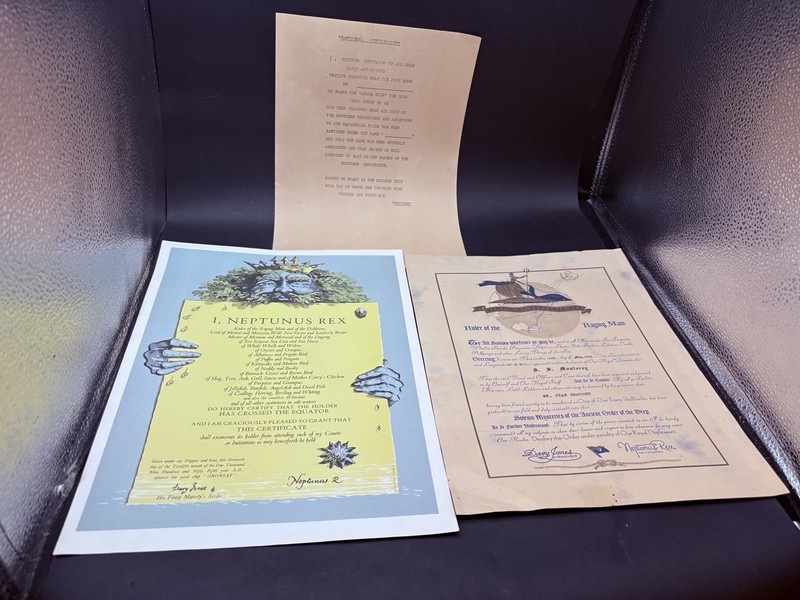 Vtg SS Oronsay Monteray Neptunus Rex Baptismal Certificate & Equator Certificate
