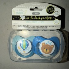 Le Bebe 2 pack Glow In The Dark Pacifiers w/Travel Case, 0-6 Months, Blue