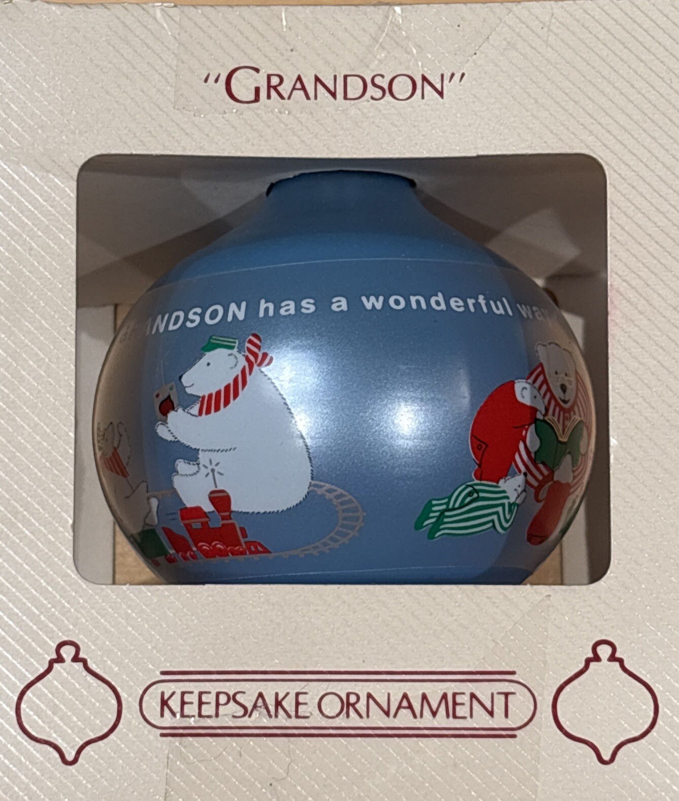 1984 Hallmark Keepsake Grandson Glass Ball Ornament with Polar Bears and Train