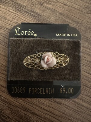Vintage Loree Bar Pin with Hand Made Genuine Porcelain Rose Made in USA