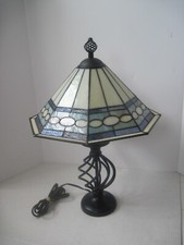 Vintage Tiffany Style Stained Glass Lamp 21" Tall Blue Gray Beige  Turquoise