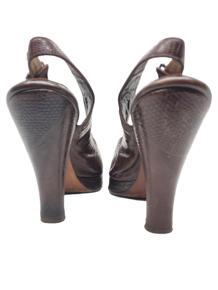 Vintage Shoes 1940s Brown Leather Croc Snake  Platform Open Toe Slingback Heels - Image 4 of 4