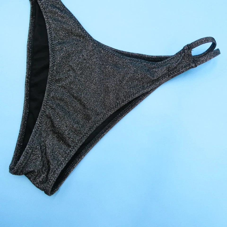 Parte inferior de bikini pequeña Victoria's Secret negra plateada brillante tanga de natación nueva Foto 3 de 4