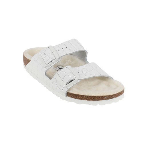 Birkenstock Arizona Shearling Croc Embossed Leather White Sandals Narrow 41  | eBay