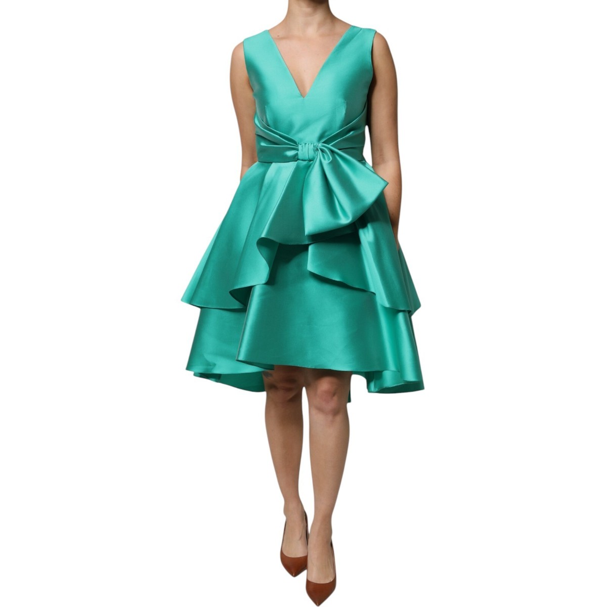 ALBERTA FERRETTI Dress Green Satin Polyester Sleeveless Vneck Layered IT42/US8/M ALBERTA FERRETTI Dress Green Satin Polyester Sleeveless Vneck Layered IT42/US8/M