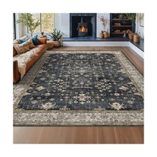Boho Black Rug for Living Room - Washable 10x14 Area Rug, Dining Room Rugs fo...