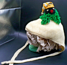 Vintage 1940's Child Toddler Hand Knitted Cap Hat Chin Tie Colorful Top Darling
