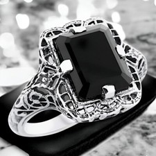 BLACK AGATE FILIGREE VINTAGE DESIGN 925 SOLID STERLING SILVER RING    1233