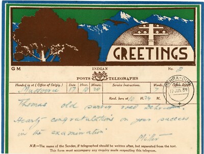 India TELEGRAM-ILLUSTRATED-MULTICOLOR-DEHRA DUN-17/JUN/39-SCARCE-minor wear/toni