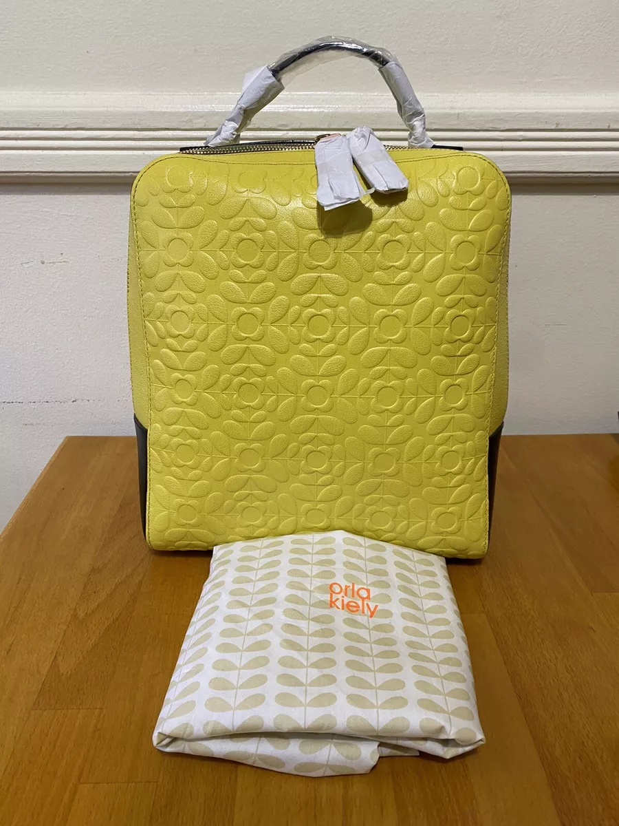 New Rare Orla Kiely Flower Stem Embossed Laurel Yellow Leather Backpack