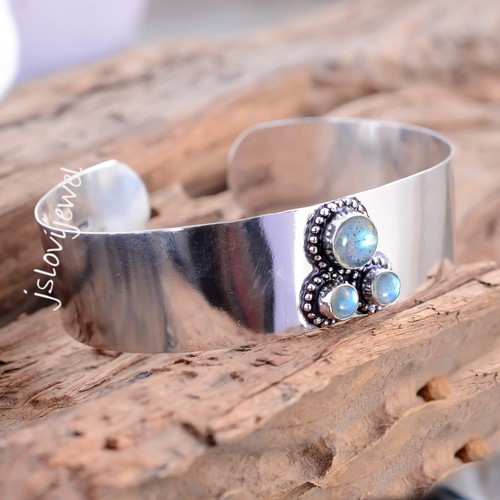 Blue Fire Labradorite Gemstone 925 Sterling Silver Cuff Bangle Gift For Mother - Picture 4 of 5