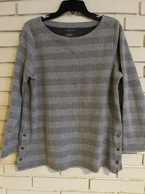 Talbots Womens Size Large Gray Boat Neck Knit Top Long Sleeve Button Side