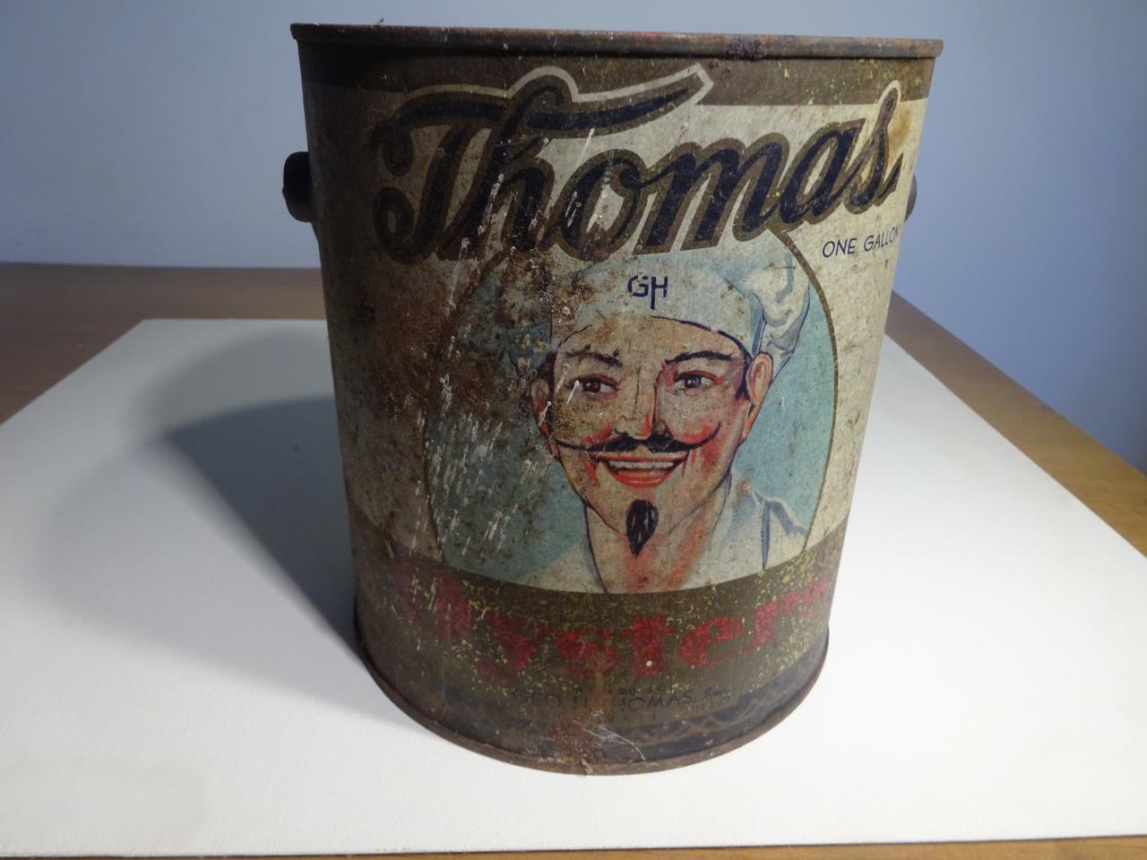 RARE Vintage Cincinnati Oyster Tin Can "GEO H THOMAS 1 Gallon" AS SHOWN