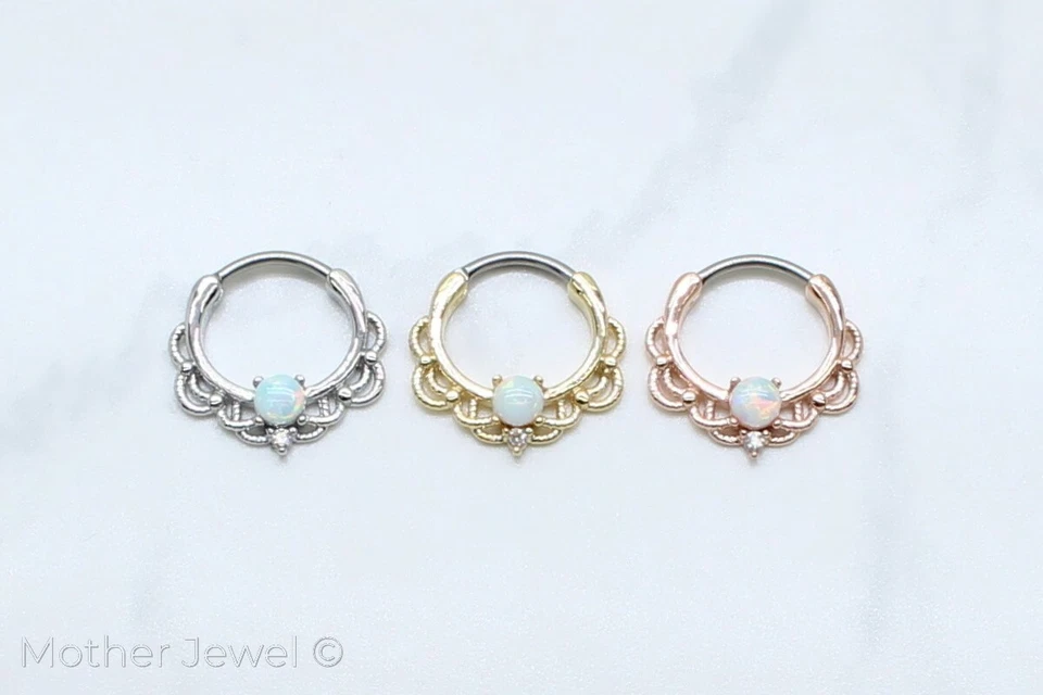 OPAL CENTRED SILVER 14K ROSE YELLOW GOLD IP NOSE SEPTUM CLICKER HOOP EAR RING - Изображение 2 из 2