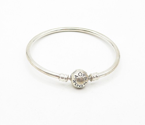PANDORA 925 Sterling Silver Vintage Stamped Ball Bead Bangle Bracelet BT1716 - Picture 2 of 7