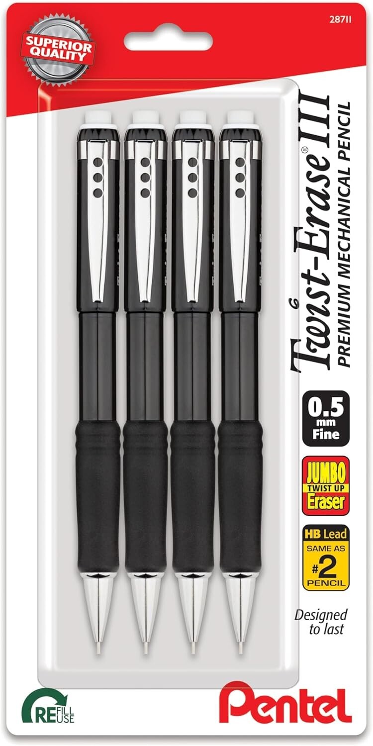 Pentel Twist-Erase III Mechanical Pencil, (0.5mm), Black Barrel, Pack of 4