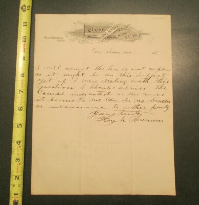 Des Moines Iowa IA City Solicitors Office Hugh Bremman 189? Letterhead 1579