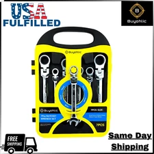 7-Pc Flex-Head Ratcheting Wrench Set 8-19mm CR-V with Rack Organizer-USA FULFILL