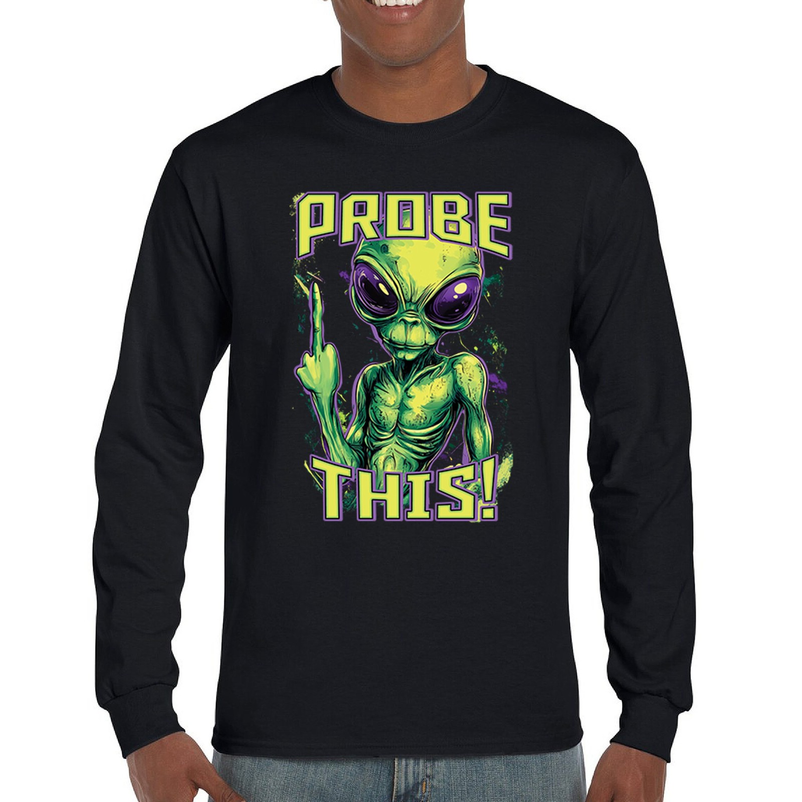 ALTRA T shirt manica lunga Probe This Mean Alien divertente sarcastico dito medio UFO