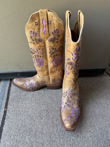 Johnny Ringo Boots Tan Rawhide Cut Floral Lilac Purple Inlay Women's Size 6 B💜