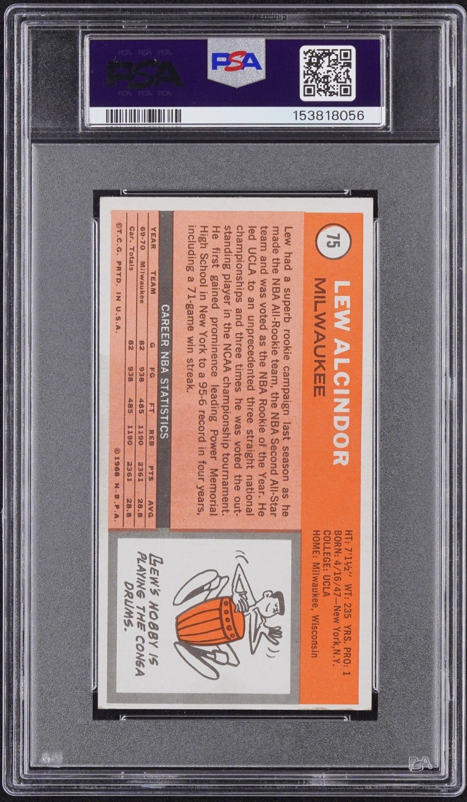 1970 Topps Lew Alcindor Kareem Abdul-Jabbar #75 PSA 4 view 2