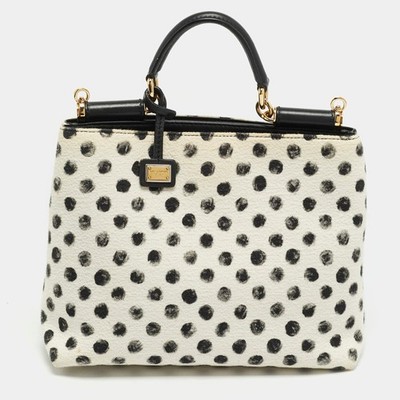 Dolce and Gabbana Miss Sicily WhiteBlack Polka Dot Fabric Top Handle Bag