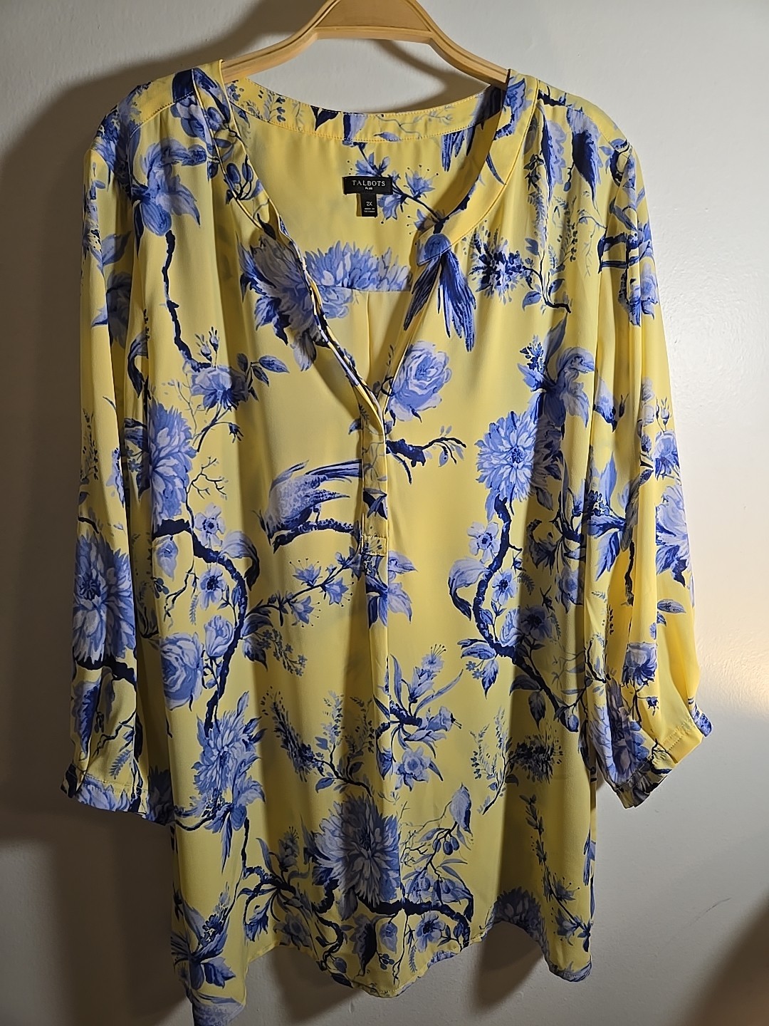 Talbots Yellow Blue Floral Bird Print Half Button Down Size 2X 3/4 Sleeve