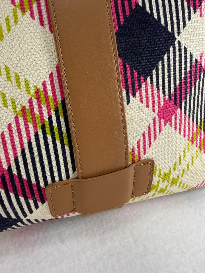 Spartina Leather & Linen Duffle Everett Plaid Pink Lime Blue Preppy - Image 3 of 4
