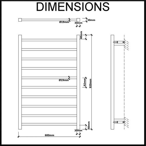 Heated Towel Rail - Square Bars - 600mm Wide - Dual Wired - Stainless Steel - Picture 6 of 9