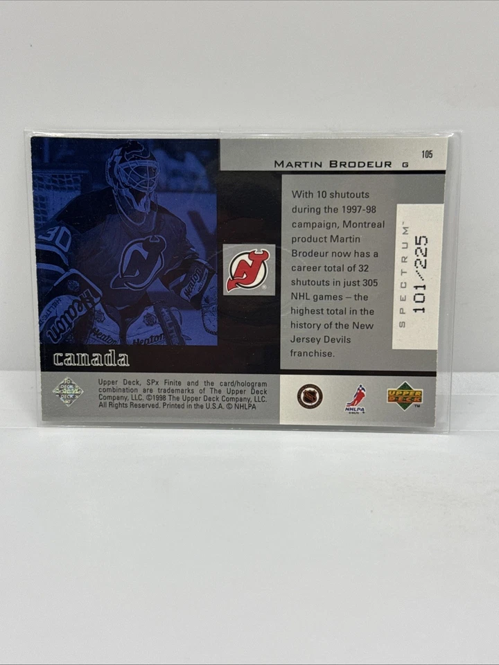 Martin Brodeur #105 1998-99 SPX Finite Spectrum #/225 Global Impact - Image 3 of 3