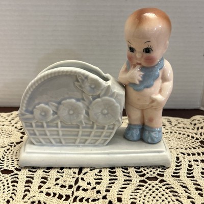 Vtg Baby Boy Kewpie Planter Figurine 1950s Blue Nursery Ceramic Shower Gift MCM