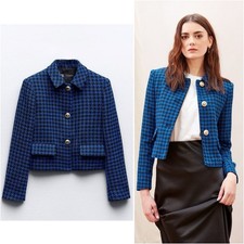 Zara Cropped Houndstooth Blazer Jacket Blue Black Gold Button Preppy Size S