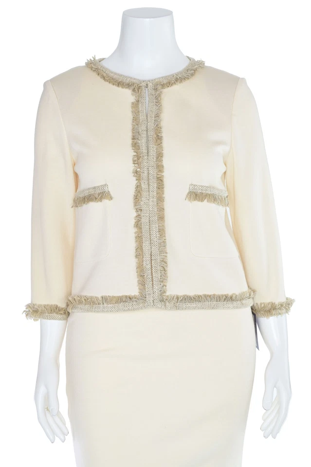 Traje chaqueta y falda punto Milano con flecos St. John Knits 2 piezas en crema/bronceado talla 12/8 Foto 4 de 4
