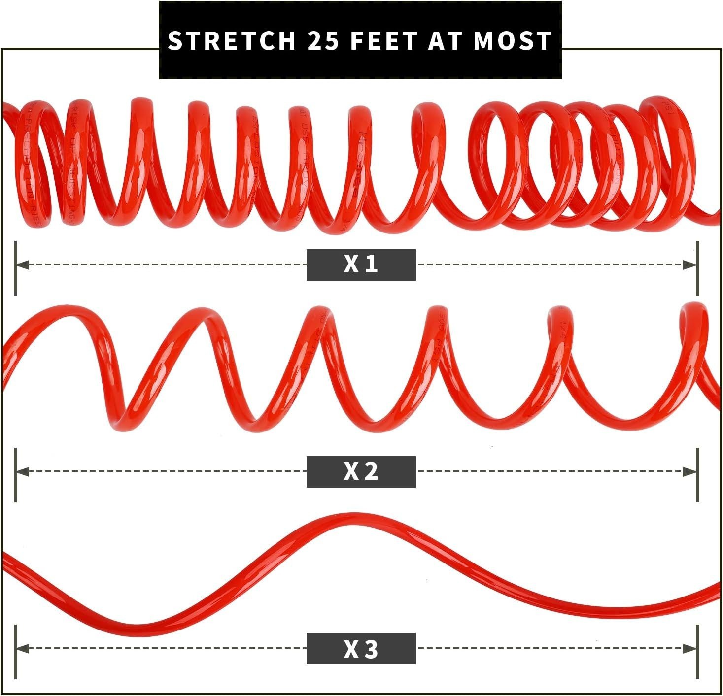Self-Coiling 25ft Red Air Hose - Flexible Polyurethane with Quick Connect