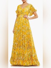 NEW MAC DUGGAL Flounce Sleeve Ruffle Floral yellow Maxi Dress size 2