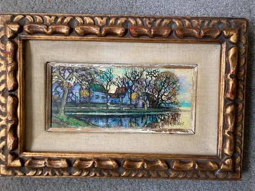 Pat Davis cityscape painting framed on board