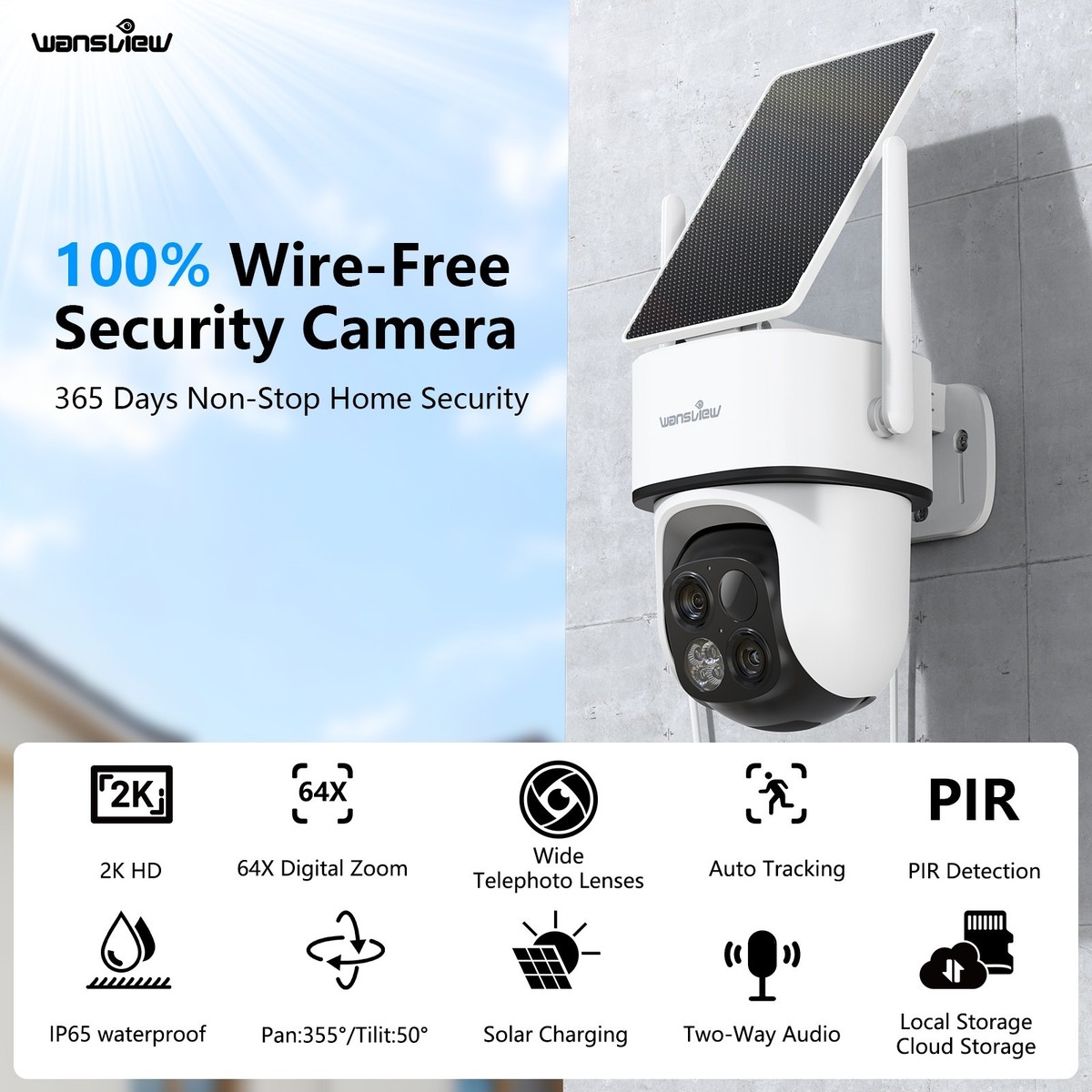 Wansview 2K 3MP Solar Security Camera Wireless 360°PTZ Dual-Cam