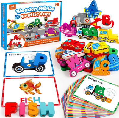 Wooden Vehicle Alphabet Puzzle for Toddlers, Traffic ABC Letter Sight Words Matc