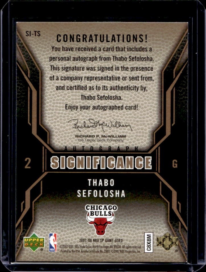 2007-08 SP Game Used Thabo Sefolosha SIGnificance Auto Autograph #SI-TS Bulls view 2