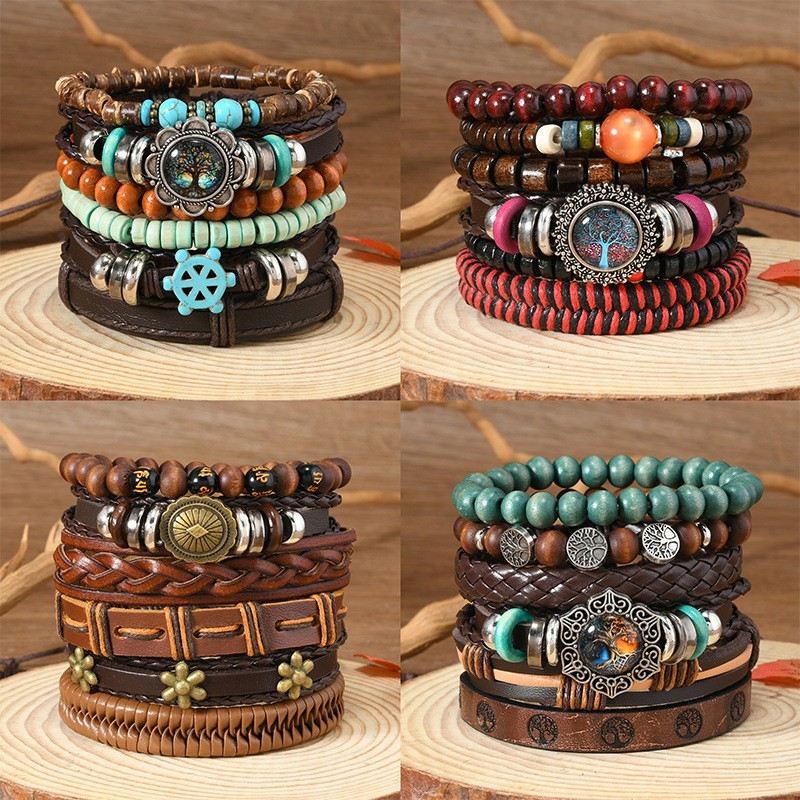 Bohemian style multi-layered leather bracelet with stacked, multi-colored beads.