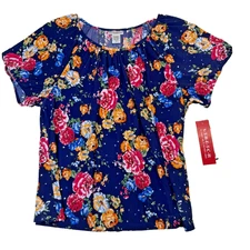 Rebecca Malone Woman Navy Floral Glitter Short Sleeve Gathered Neck Top 1X