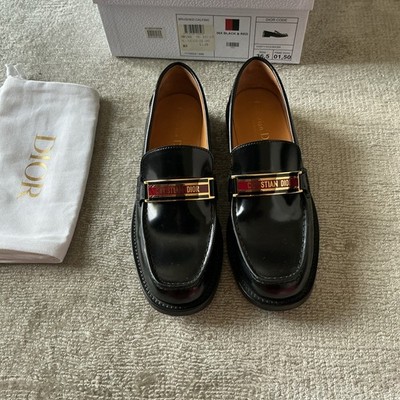 CHRISTIAN DIOR Black Brushed Calfskin Code Loafers Red And Gold Logo 36.5