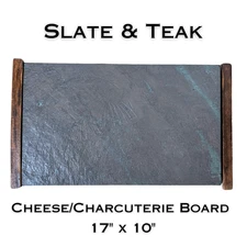 VTG Slate Stone Cheese or Charcuterie Board Gray Teak Handles LARGE 17"x10"