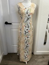 NWOT Ky’s Hawaii Vintage Hawaiian Maxi Dress, Beige Hibiscus, S, M, XL, XXL