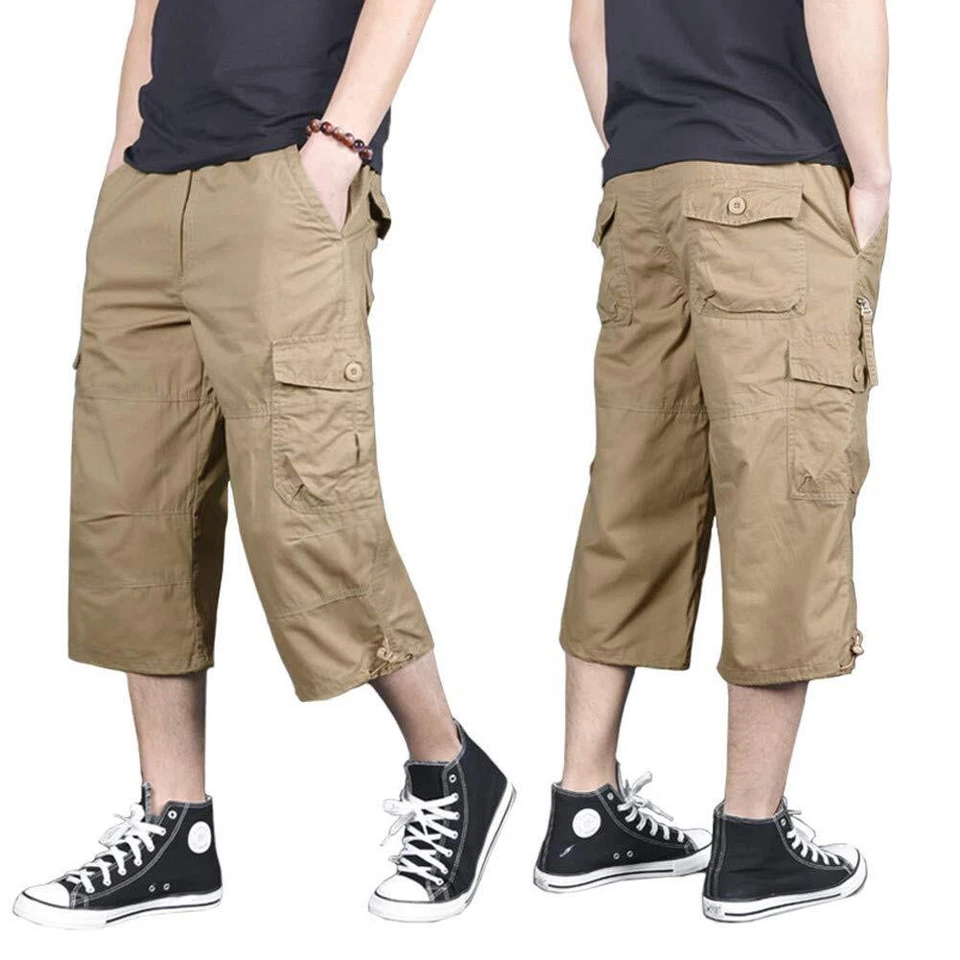 Men's Long Elastic Cargo Shorts Below Knee 3/4 Cotton Casual Outdoor Hiking Pant - Image 3 of 4